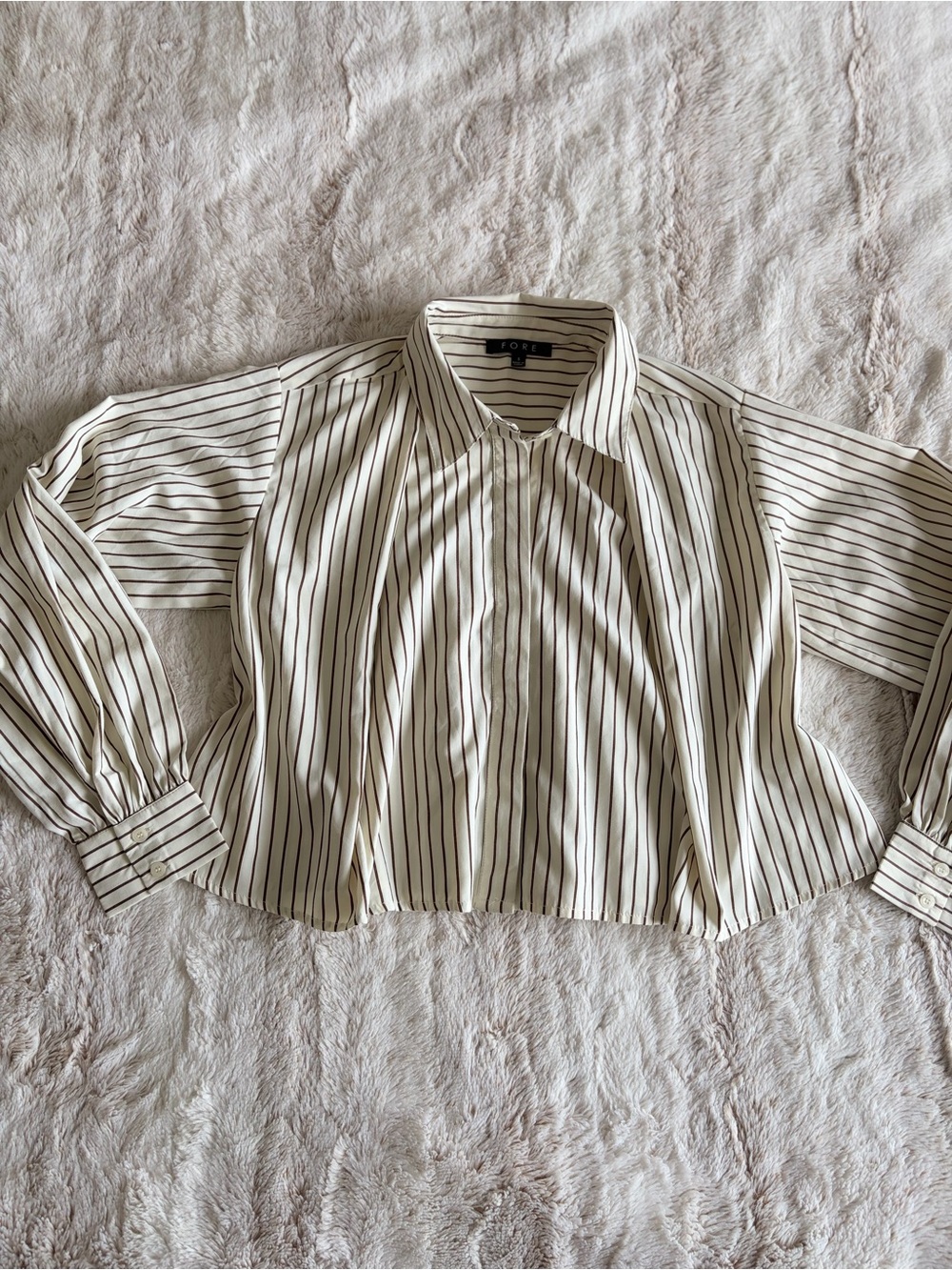 FORE Striped Button Down Blouse S Brown Cream Office Siren Quiet Luxury Oversize
